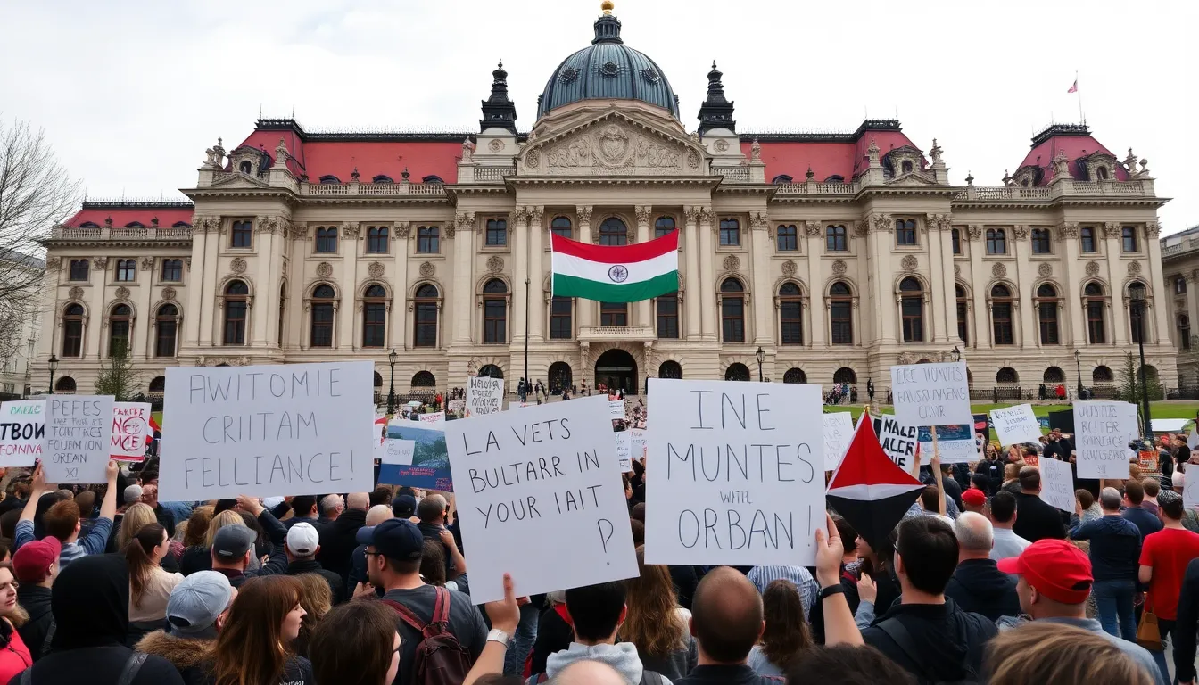 A bustling urban area filled with residents discussing the upcoming elections, showcasing the growing public discontent and the potential shift in voter sentiment against Orbán's longstanding rule
