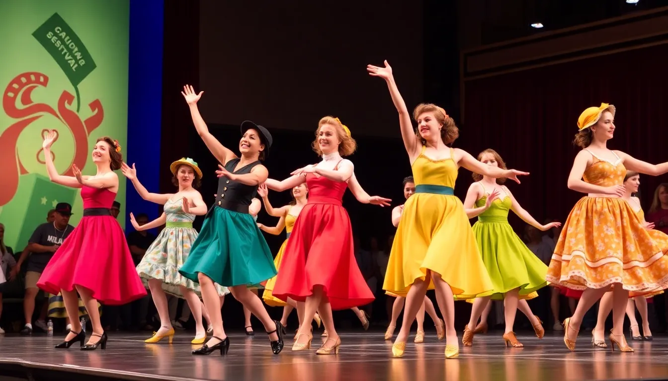 A group of dancers in vintage costumes performs a lively routine on stage, showcasing the energetic style of classic Broadway choreography during a recent performance at a theater festival.