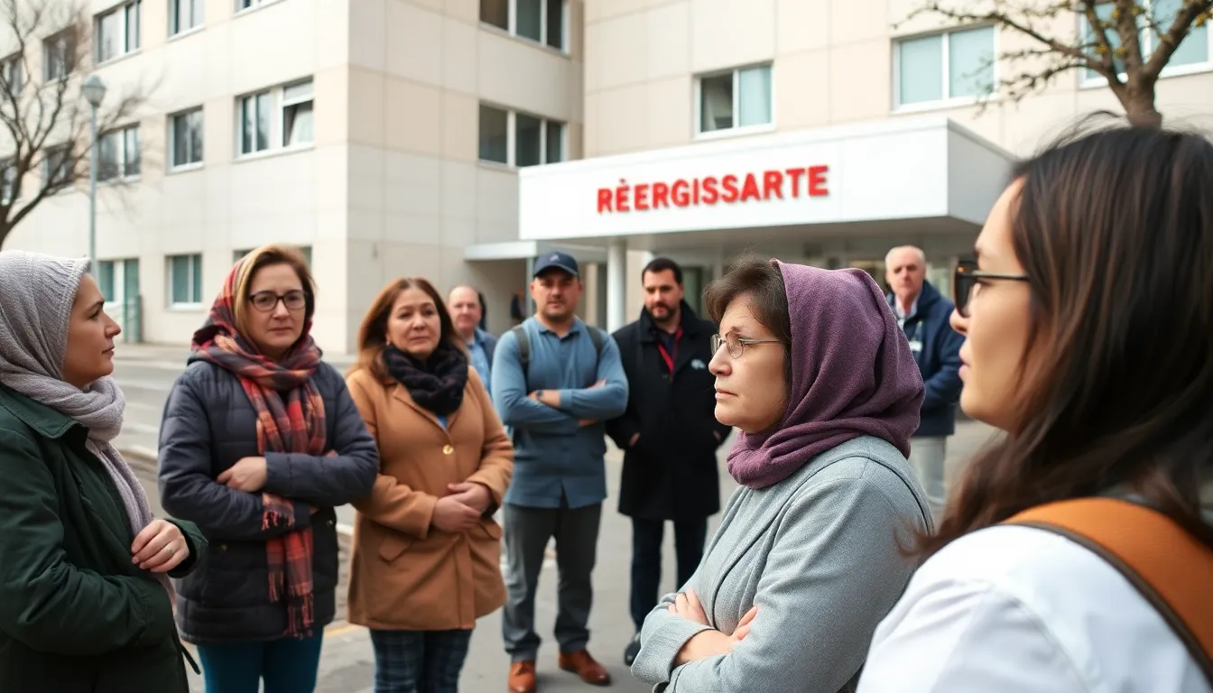 A group of concerned patients gathers outside a hospital, discussing the upcoming doctors' strike and its potential impact on their healthcare.
