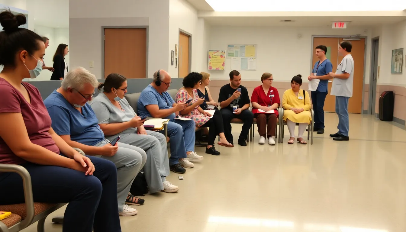 A group of concerned patients waits in a hospital lobby, glancing at their phones for updates as healthcare workers prepare for an impending strike that could disrupt medical services.