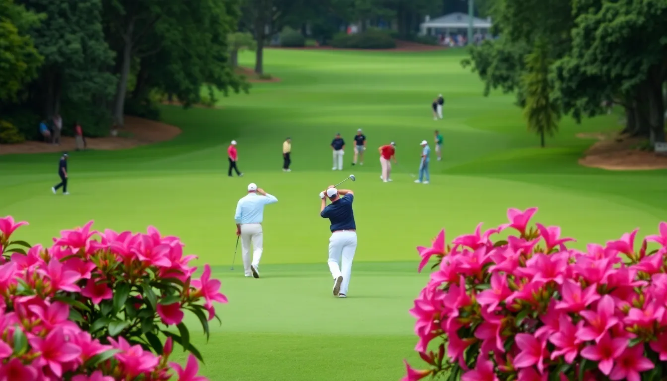 golf, featuring players competing for a record prize purse while surrounded by the lush greenery and iconic azaleas of the course.