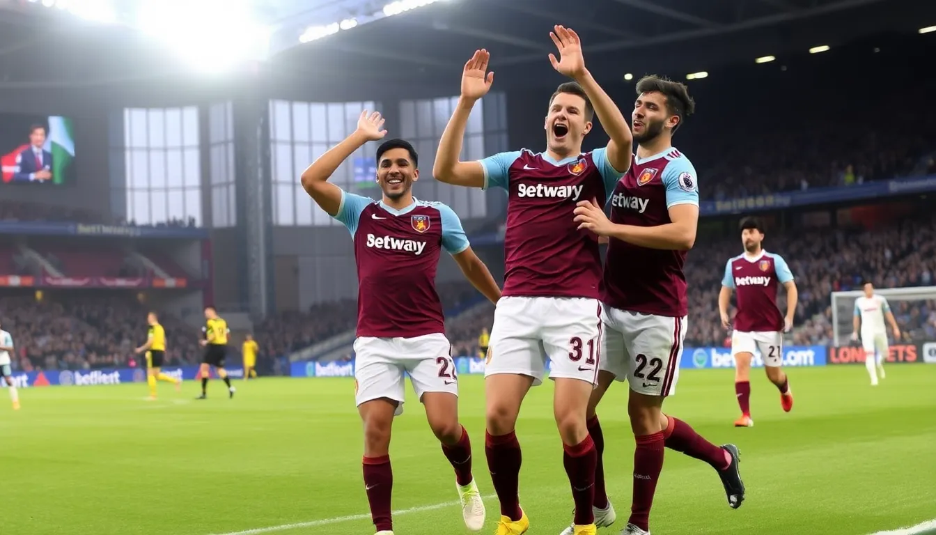 West Ham players celebrate enthusiastically after scoring a goal against Wolverhampton Wanderers during their match at the London Stadium.