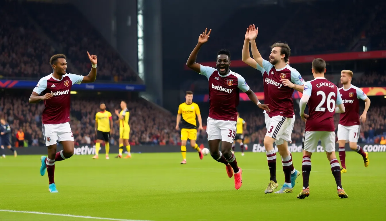 The jubilant West Ham fans display their passion and support as their team secures a crucial victory in the Premier League