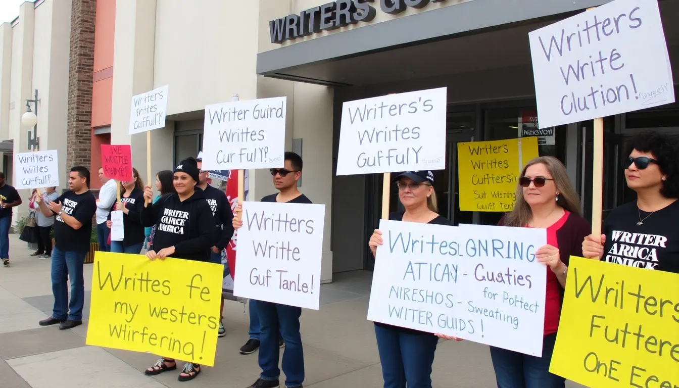 Writers Guild of America West members gather outside a studio, holding signs in solidarity while expressing their frustrations over ongoing strike issues and internal allegations.