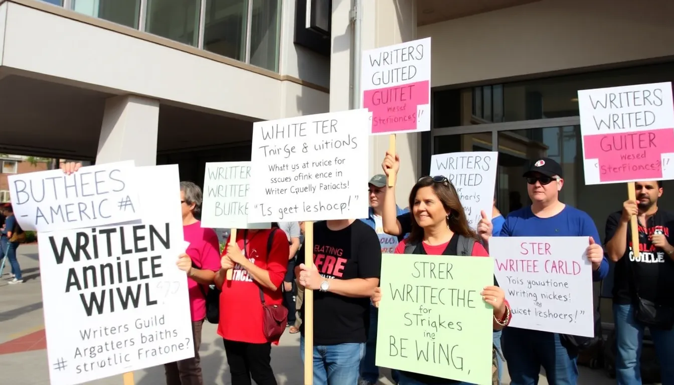 A group of writers passionately advocate for their rights during a picketing event, showcasing the solidarity among union members