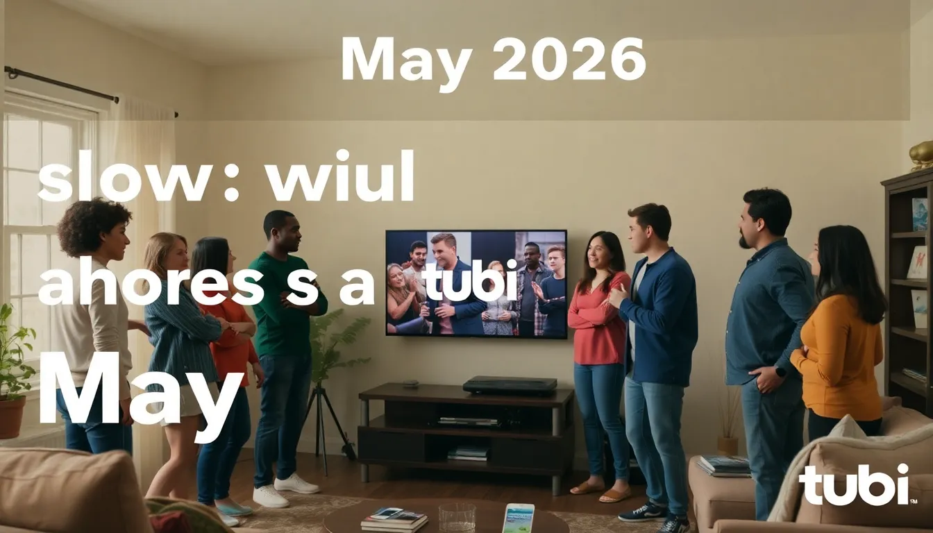 A diverse group of people gathers around a television, eagerly discussing the new films and shows being added to Tubi's streaming service in May 2026.
