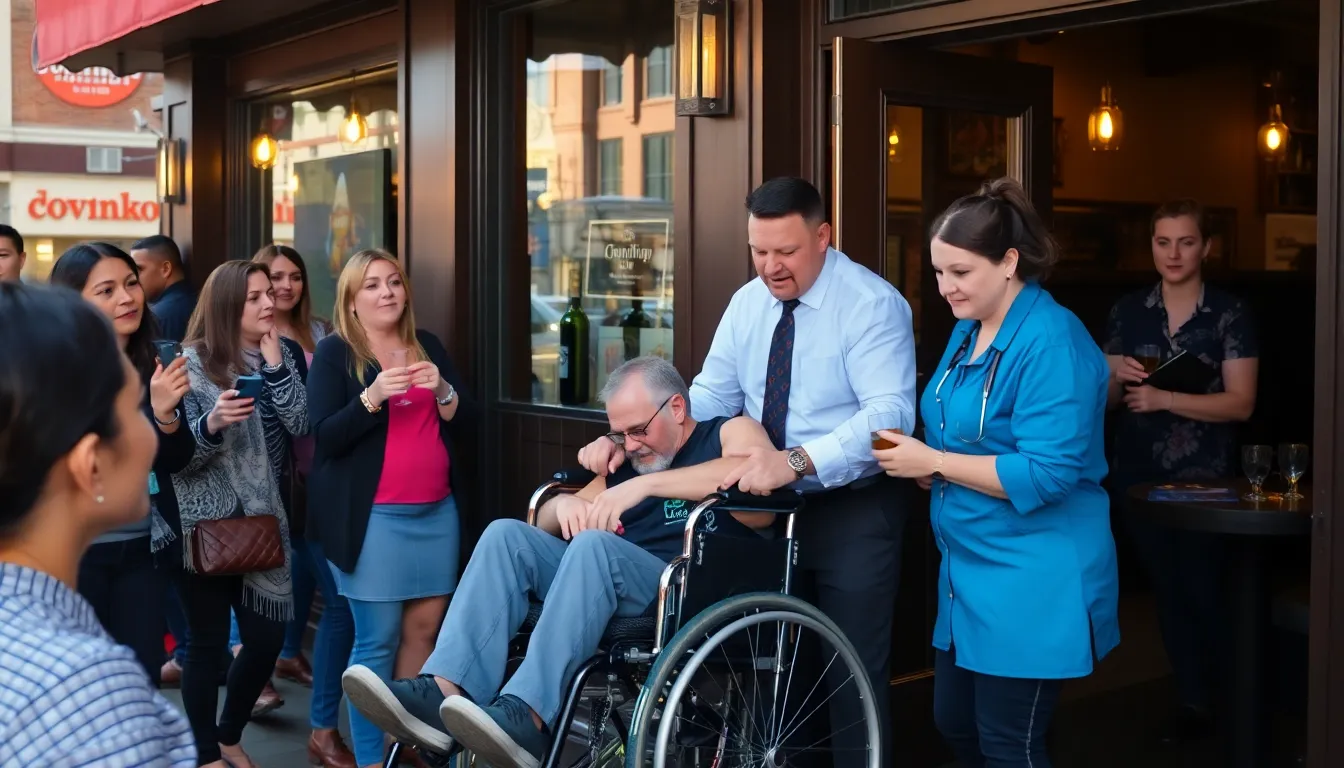 A wheelchair user is seen being escorted out of a downtown bar by staff members, while onlookers express shock and concern over the incident.