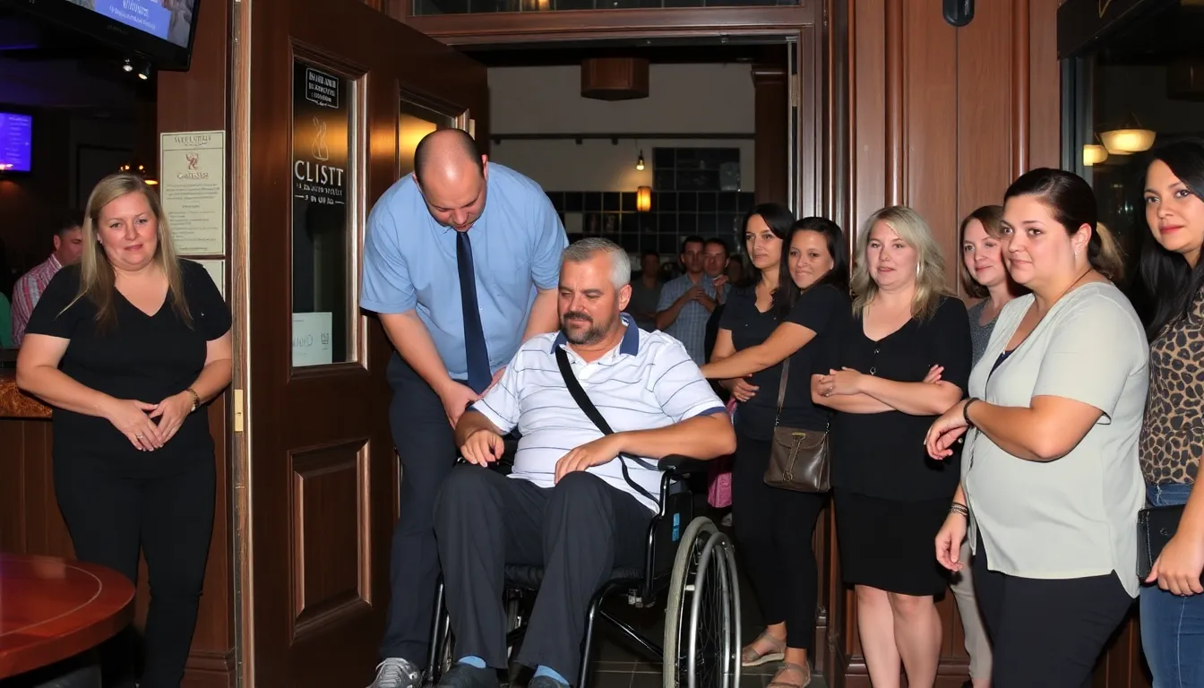 Protesters gathering outside a bar to raise awareness about discrimination faced by individuals with disabilities, demanding equitable treatment in public venues
