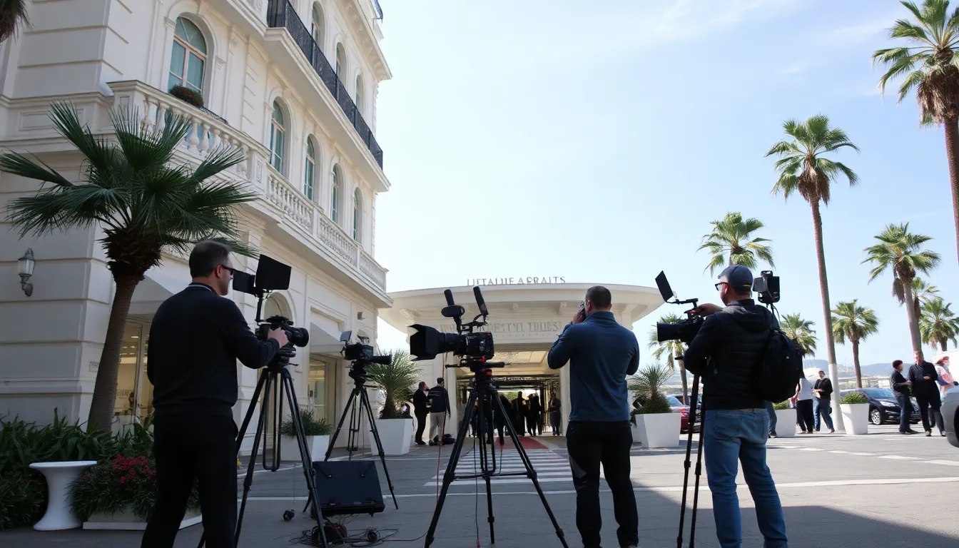 Filming for the fourth season of 'The White Lotus' begins in Cannes, with crew members setting up equipment outside a luxurious hotel as the iconic festival atmosphere surrounds them.