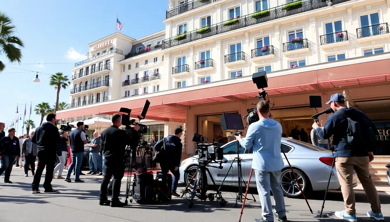 A glamorous scene featuring the luxurious hotels of Cannes, showcasing their opulent architecture and historical significance