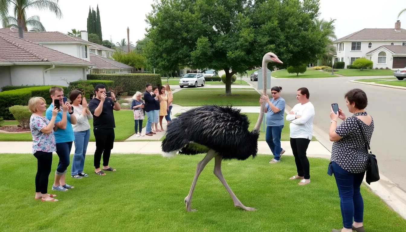 A large ostrich wanders through a suburban neighborhood in California, drawing the attention of curious residents who capture the moment on their phones.