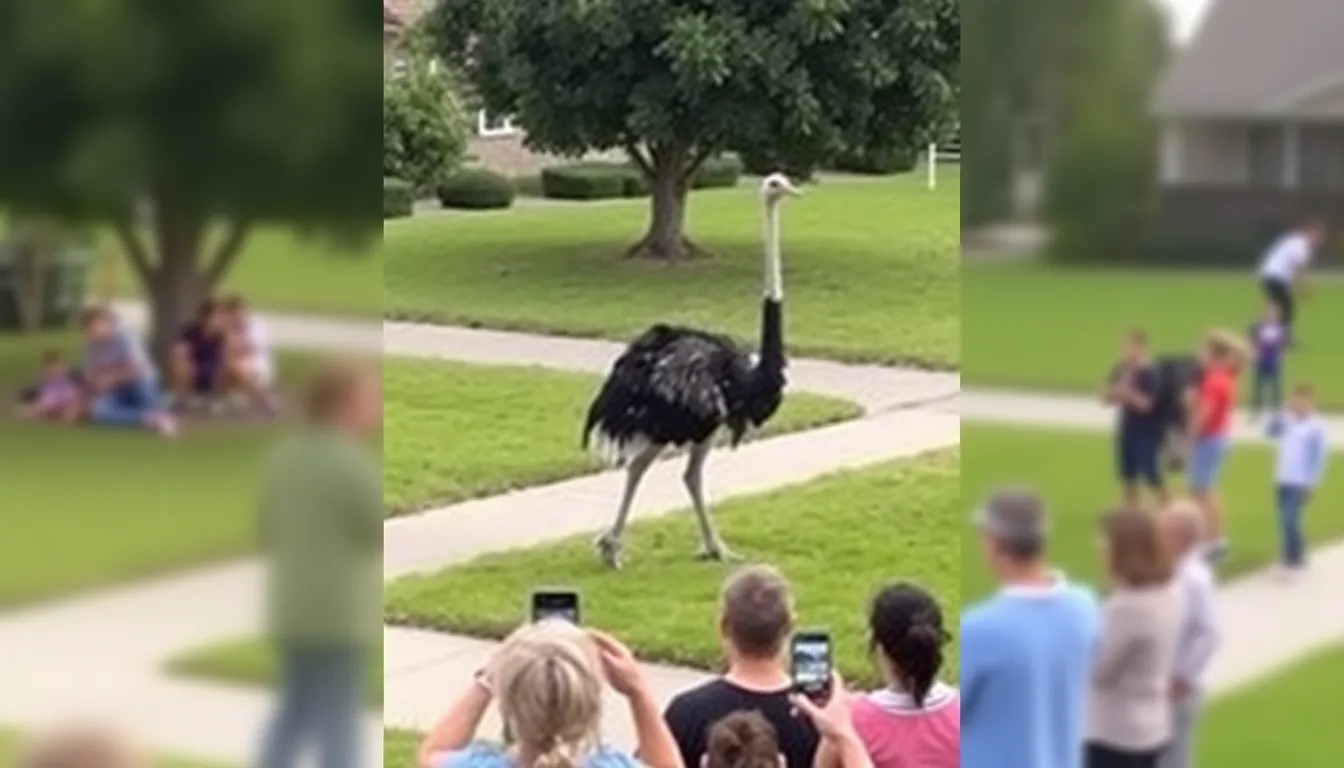 An ostrich wandering through a suburban neighborhood, illustrating the increasing interactions between wildlife and urban areas