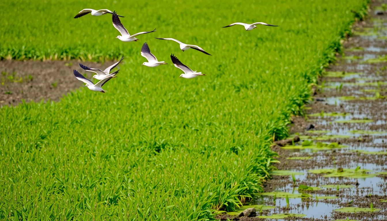 A flock of migratory birds takes flight over the lush greenery of a newly created wetland habitat, showcasing the area's vibrant biodiversity.