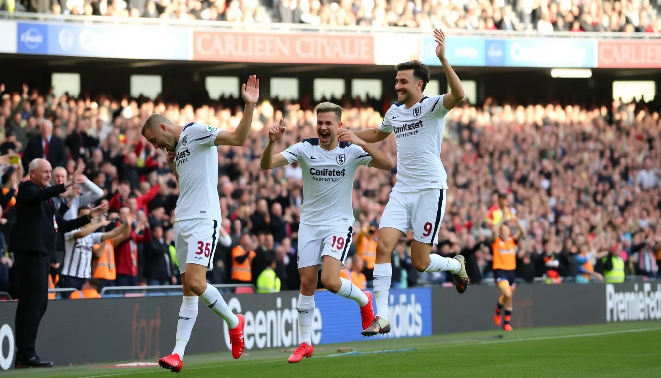 Harry Wilson celebrates with teammates after scoring a goal during a Premier League match, showcasing the team's strong performance and unity as they climb the league standings.