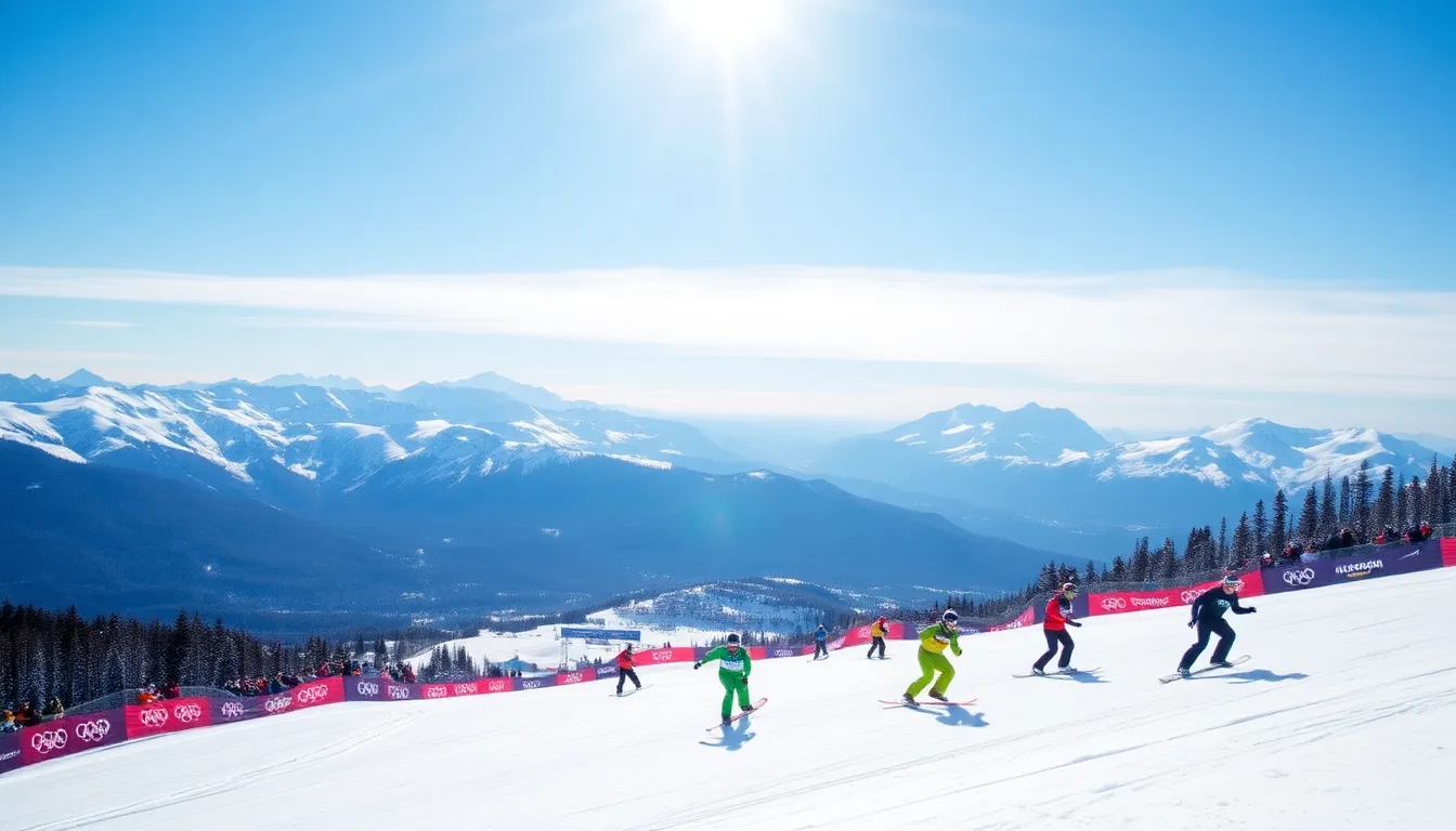 Athletes compete fiercely on the slopes during a thrilling snowboarding event at the Winter Olympics, showcasing their skills against a backdrop of snowcovered mountains.