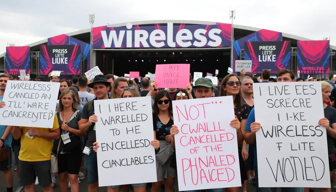 A crowd of disappointed fans gathers outside the venue where the Wireless Festival was supposed to take place, holding signs expressing their frustration over the cancellation.