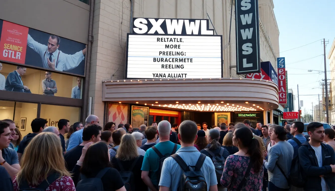 A crowd gathers outside a venue at the SXSW festival, eagerly awaiting the premiere of Yana Alliata's film Reeling, which is executive produced by Werner Herzog.