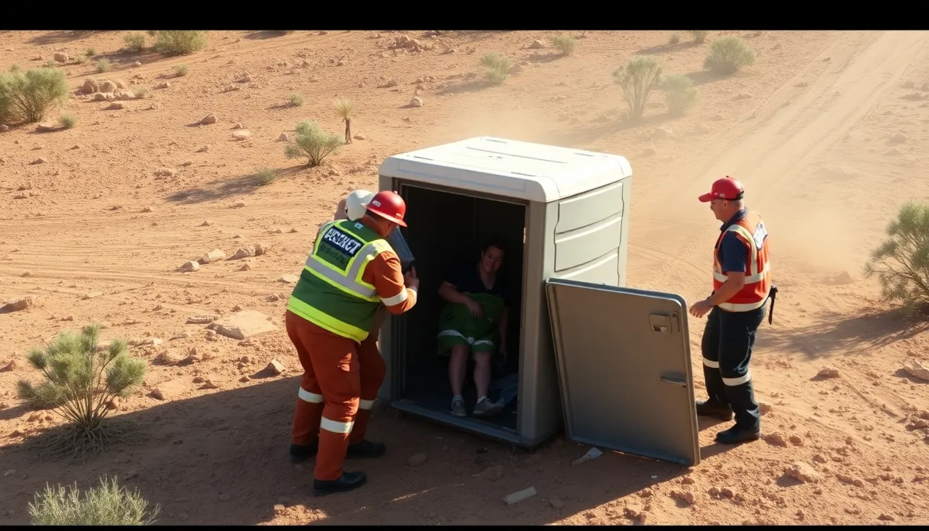 A woman is being rescued by emergency responders after being trapped in a collapsed portable toilet in the Australian outback for three hours.