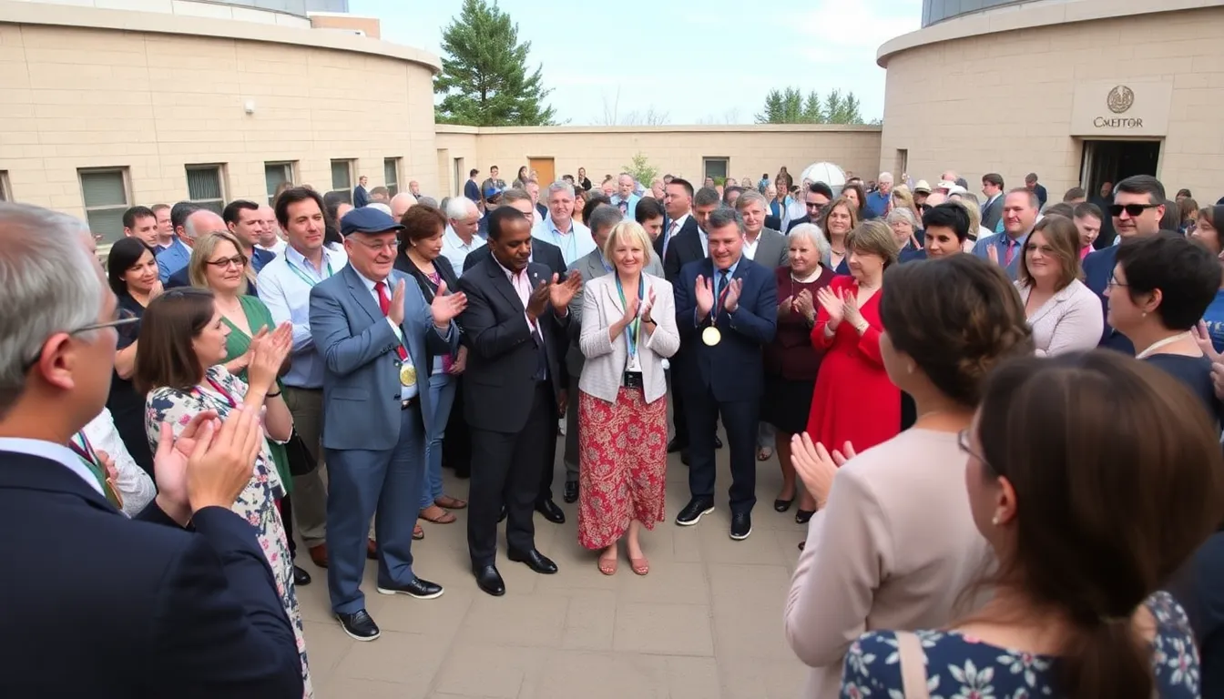 A crowd of scientists and supporters applauds as Dr. Maria Thompson receives the Stellar Achievement Medal during a ceremony at the National Observatory, celebrating her contributions to astronomy.
