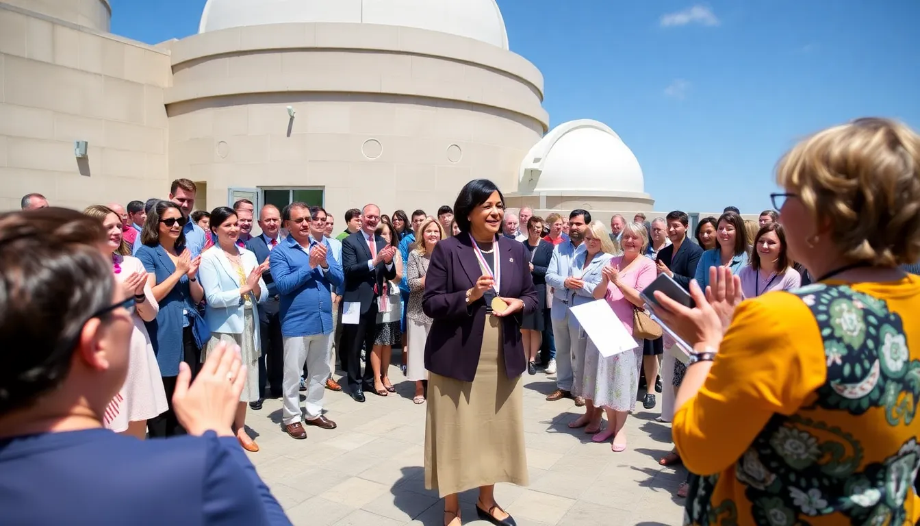 A group of aspiring female scientists engaged in discussions at the event, inspired by Dr. Thompson's achievements and the importance of diversity in the field of astronomy