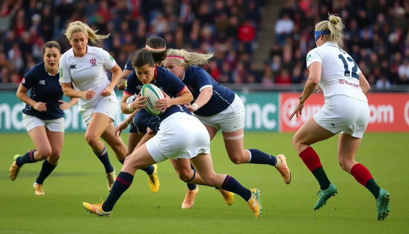 Players from England and France compete intensely during a Women's Six Nations match, showcasing their speed and strategic skills on the field.
