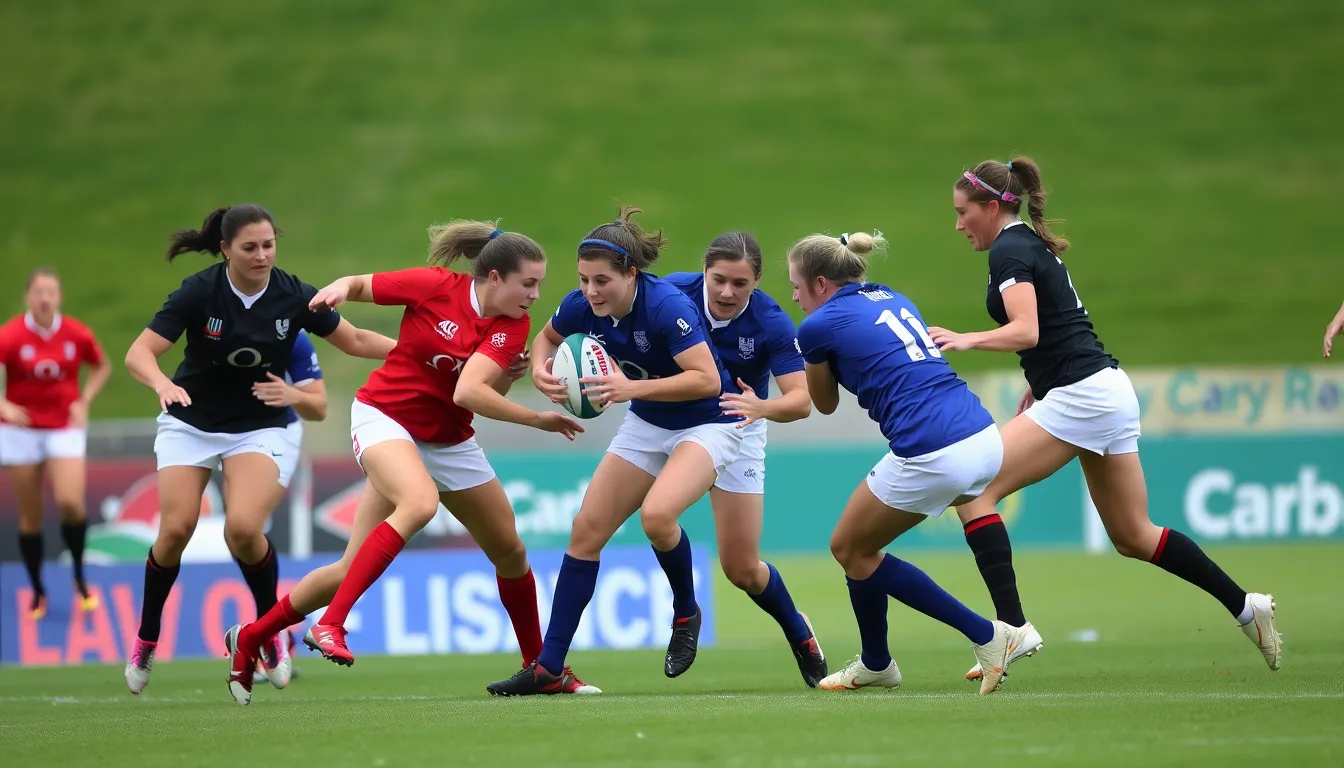A closeup of a female rugby player showcasing her skills and determination on the field, reflecting the evolution of women's rugby