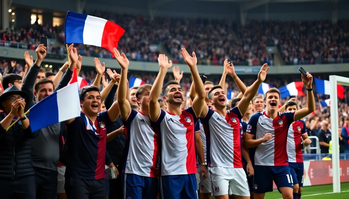 Fans cheer enthusiastically in a stadium as the French national football team celebrates a goal during a recent match, highlighting their position as the leader in the World Cup power rankings.