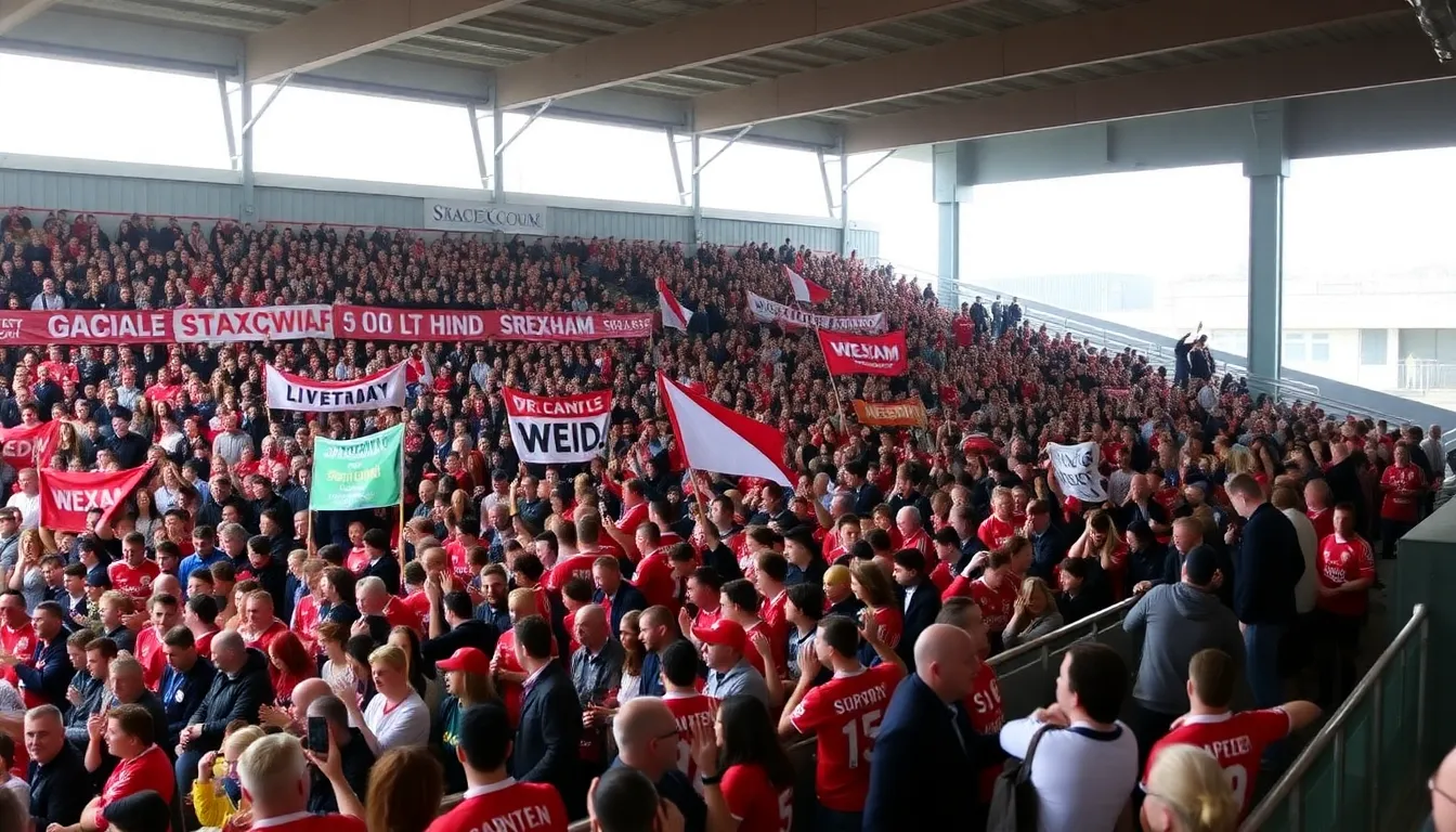 A vibrant crowd at the Racecourse Ground, showcasing a mix of local supporters and fans traveling from afar, creating an electric atmosphere for the match