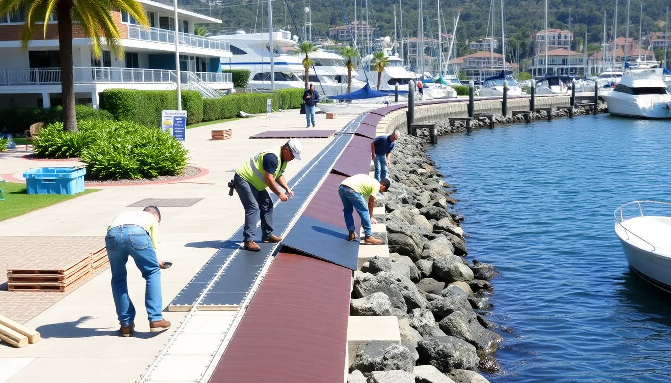 Workers install environmentally friendly materials along the yacht club's seawall, which is being transformed to support marine biodiversity and enhance coastal ecosystems.