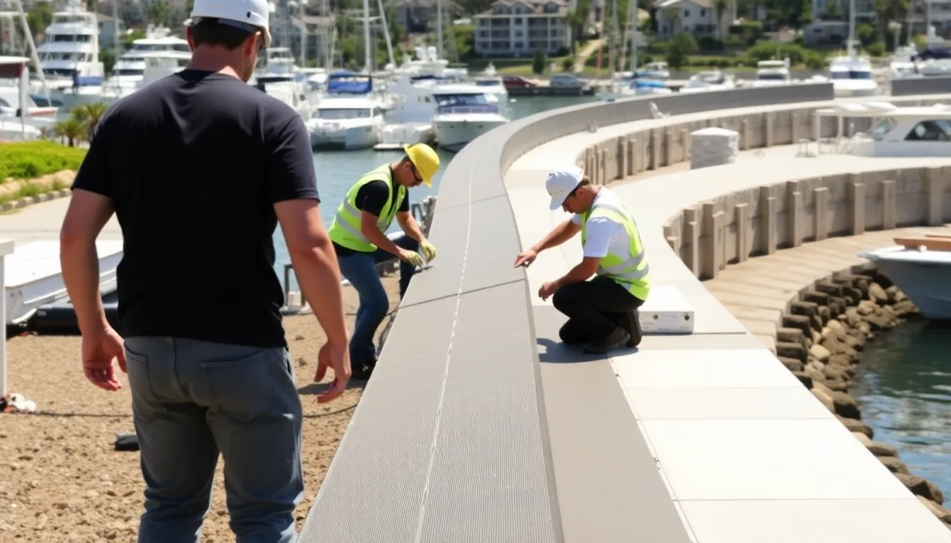 An ecofriendly seawall design featuring natural materials and structures that mimic the coastline, aimed at fostering biodiversity and supporting marine ecosystems
