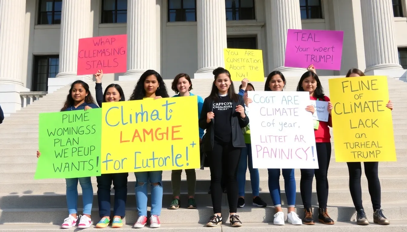 A group of young activists stands outside a courthouse holding signs advocating for climate action and expressing their desire to revive their lawsuit against former President Donald Trump.