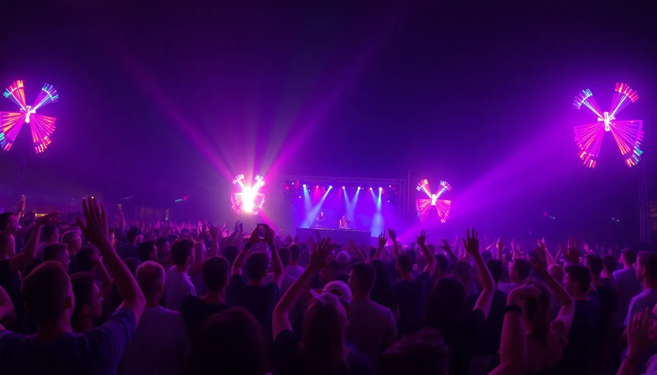 Attendees dancing and celebrating together under the bright lights of the stage, showcasing the excitement of the electronic dance music scene