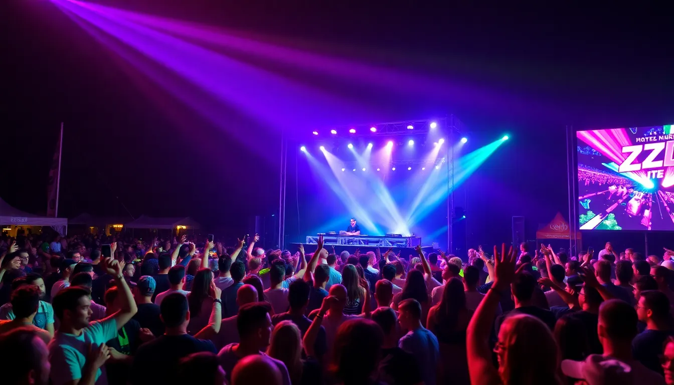 A large crowd of enthusiastic festivalgoers dances under colorful lights at the Zedd in the Park festival, with a prominent DJ performing on stage in the background.