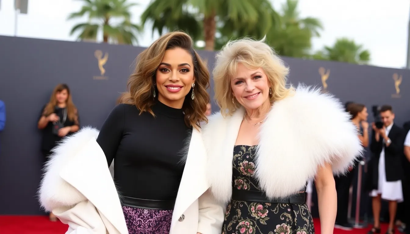 Zendaya and Jean Smart pose together on the red carpet, both dressed elegantly as they celebrate their Emmy nominations for their respective roles in "Euphoria" and "Hacks."