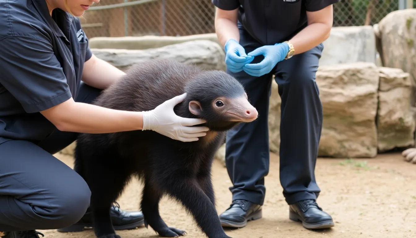 A giant anteater pup, born recently at the zoo, is being gently cared for by zookeepers as it begins to explore its surroundings.