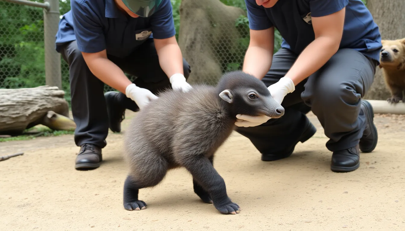 The playful giant anteater pup exploring its new environment, curiously interacting with its surroundings as it begins to gain confidence