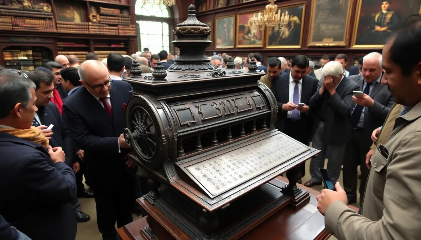 A 17thcentury calculating machine, once owned by Indian royalty, is displayed at an auction in London, attracting numerous bidders eager to acquire this historical technological artifact.
