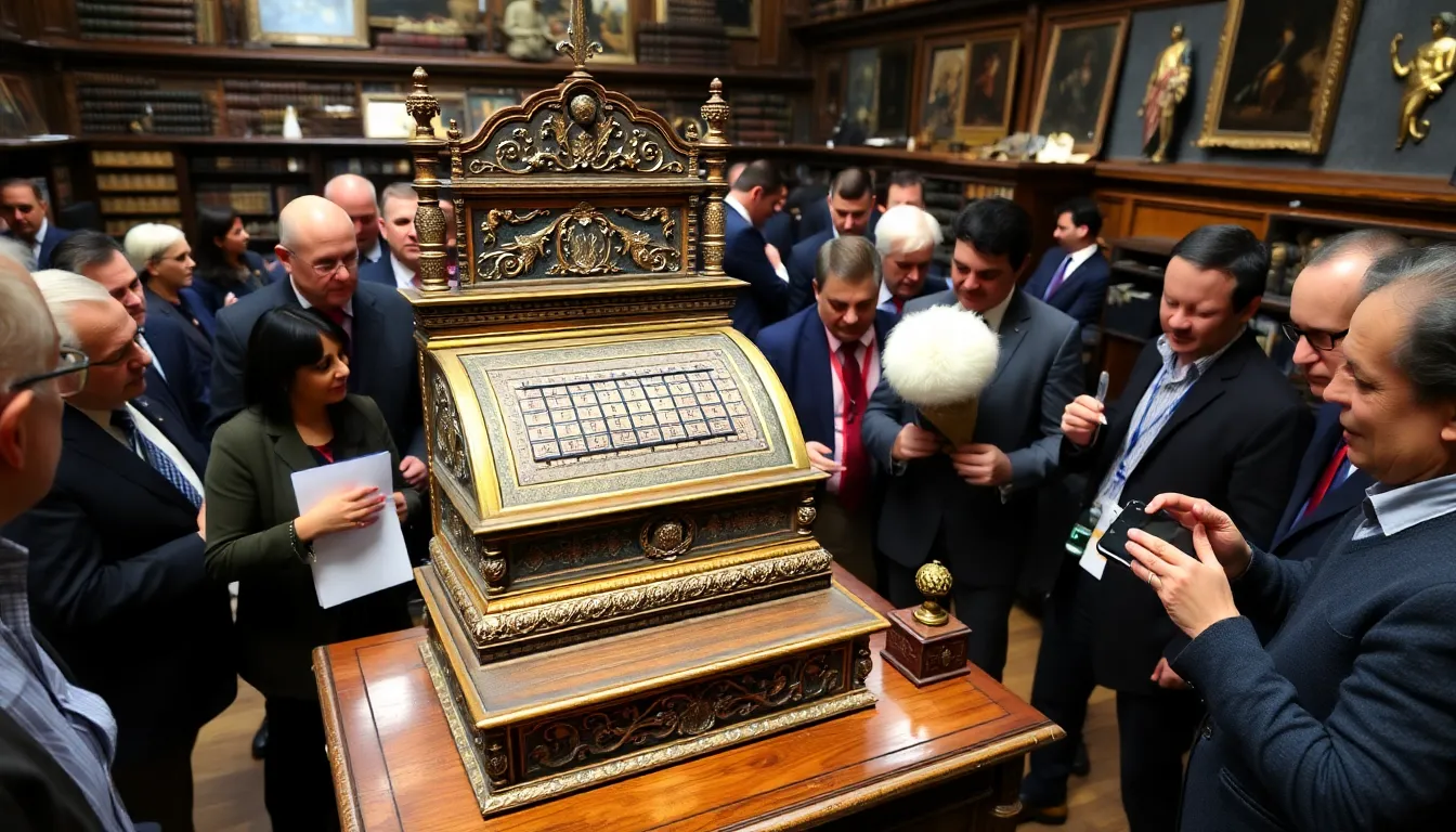 A closeup view of the historical computing device, highlighting the detailed engravings and features that reflect its royal heritage