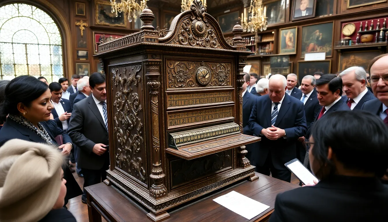A group of collectors and historians engaged in animated discussions about the significance of the recently auctioned supercomputer from the Mughal Empire