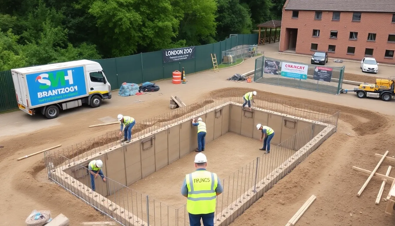 Construction workers are seen laying the foundation for a new veterinary hospital at London Zoo, which will enhance animal care and public engagement.