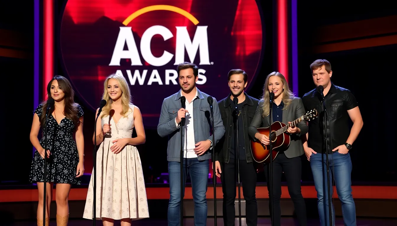 A diverse group of country music artists, including Ella Langley, Zach Top, and Jordan Davis, gather on stage at the Grand Ole Opry House in Nashville to announce their upcoming performances for the ACM Awards telecast.