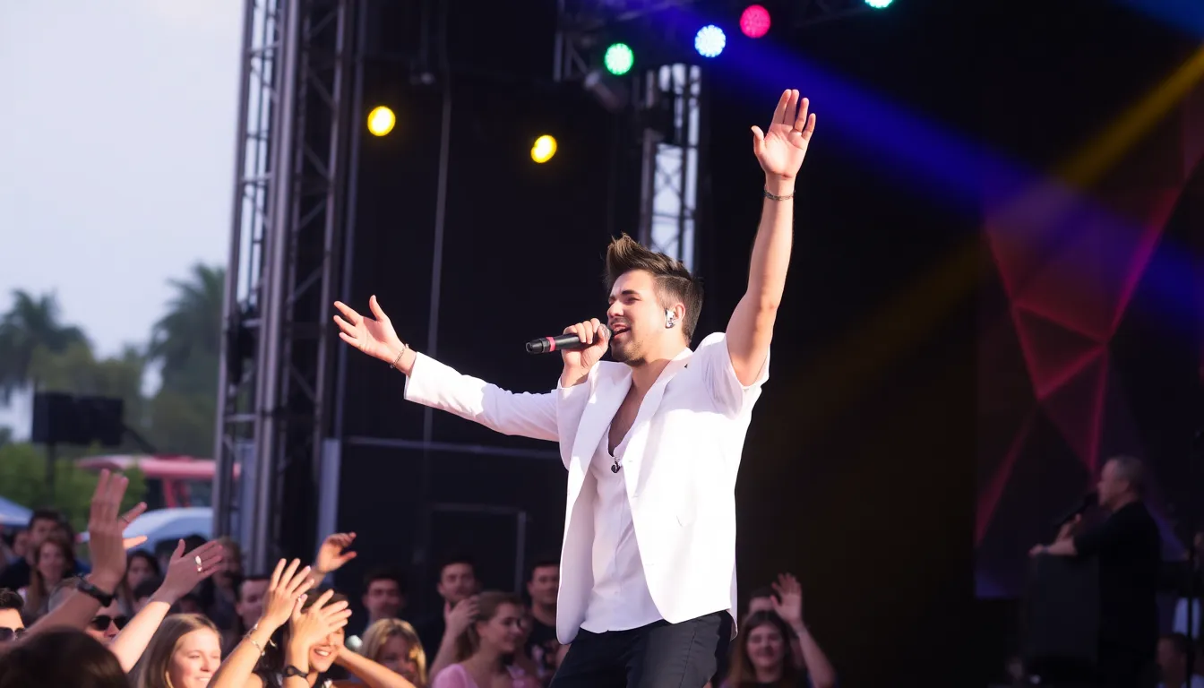 Adam Lambert stands on stage, passionately performing his new single Eat U Alive, with colorful lights illuminating the backdrop and an enthusiastic crowd cheering in the foreground.