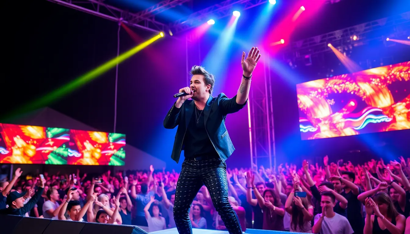 A dynamic stage performance by Adam Lambert, illustrating his powerful vocals and theatrical style, as he prepares to introduce his new single to a captivated audience