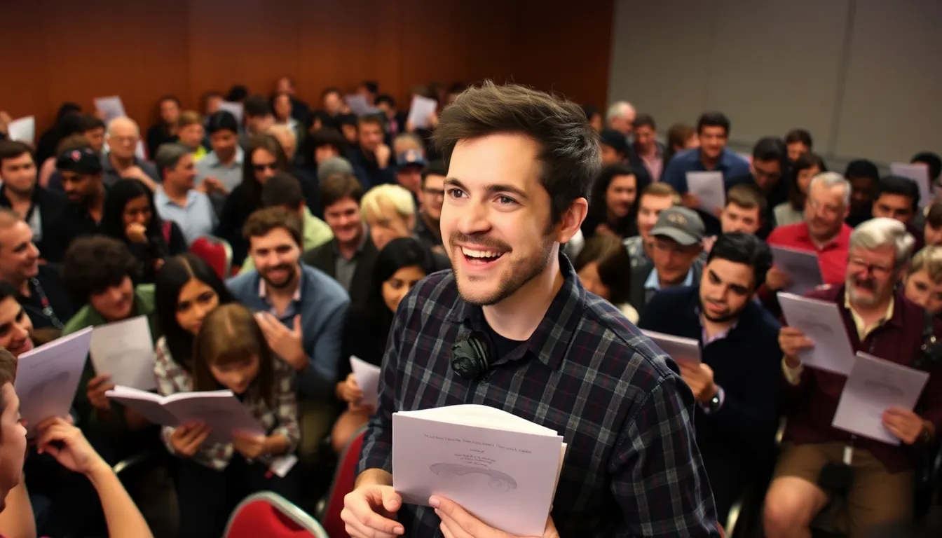 Adam Scott is seen enthusiastically auditioning for a role in Hellraiser 6, amidst a backdrop of film industry professionals and casting directors.