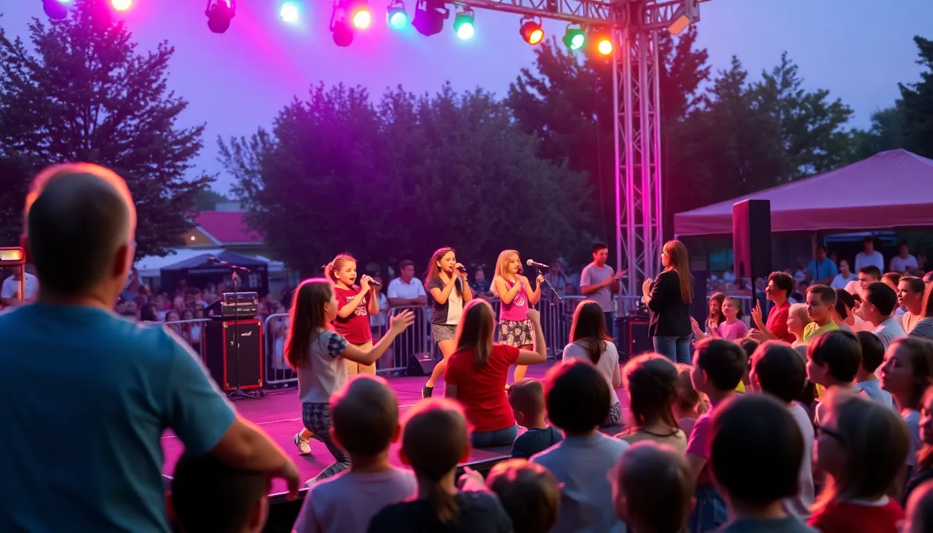 A lively concert scene features young performers energetically singing and dancing on stage, surrounded by colorful lights and an enthusiastic audience of families enjoying the show.