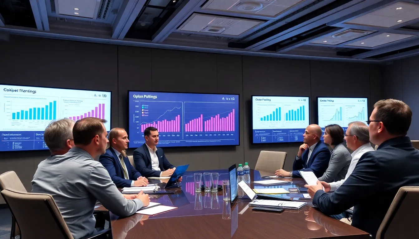 A group of analysts discusses the implications of AI technology on opinion polling during a conference, surrounded by charts and data projections on large screens.