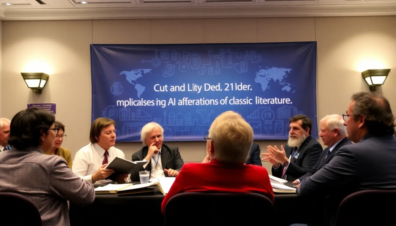 A group of literary scholars engages in a heated discussion at a conference, with a banner in the background addressing the implications of AI adaptations of classic literature.