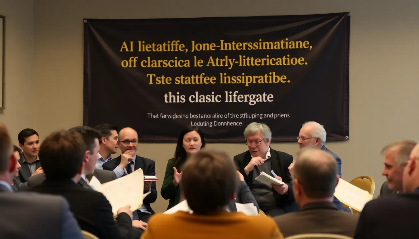 A group of stakeholders, including publishers and AI developers, deliberating the balance between technological innovation and the preservation of literary heritage