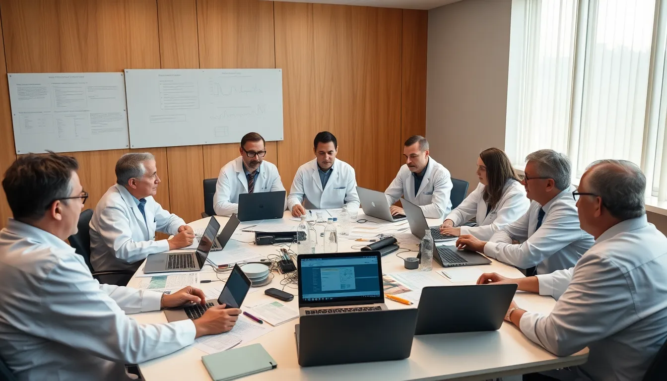 A group of scientists gathers around a table filled with research papers and laptops, engaged in a serious discussion about the ethical implications of AI in biological weapons research.