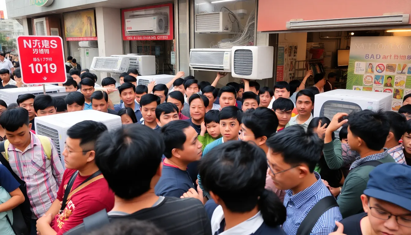 People crowd outside an electronics store in a bustling Asian city, hoping to purchase airconditioning units amid a severe heatwave and visible frustration over the ongoing shortages.